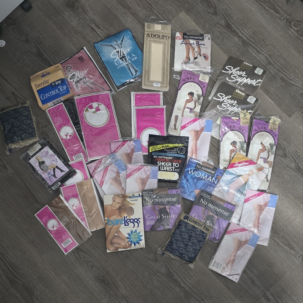 33 pairs of unopened vintage panty hose and knee highs various sizes, colors